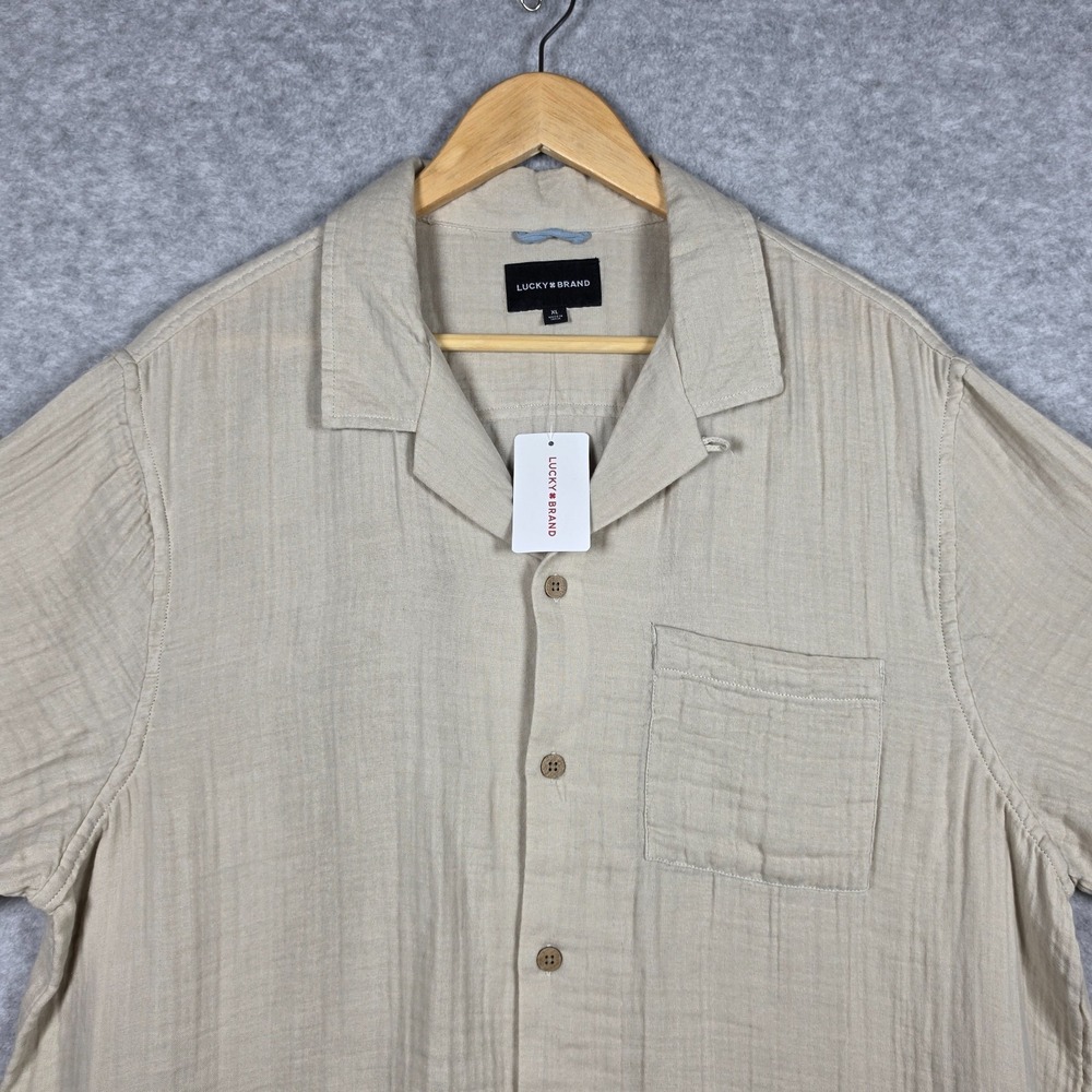 Lucky Brand Camp Shirt Mens Size XL Beige Woven Knit Open Collar Regular Fit NEW